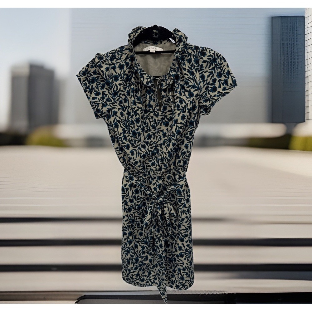 Loft Navy Blue and Stone Floral Short Sleeve Dress Y2K, Classic, Petite XS